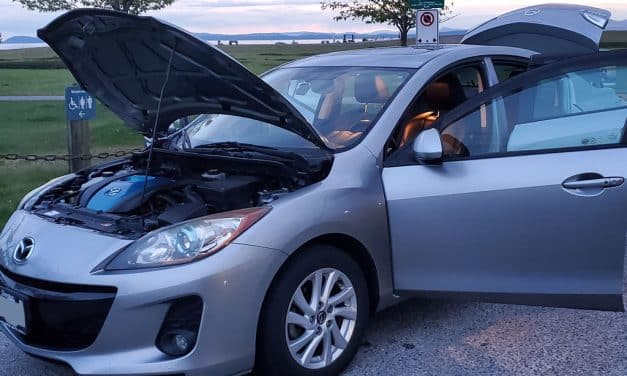 Detailing a Mazda 3 with water damage mold and wood chips steam cleaning leather cleaning exterior hand wash located in Richmond BC Canada